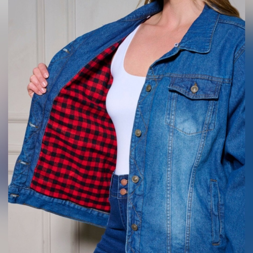 PLUS SIZE LONG SLEEVE PLAID DENIM JACKET